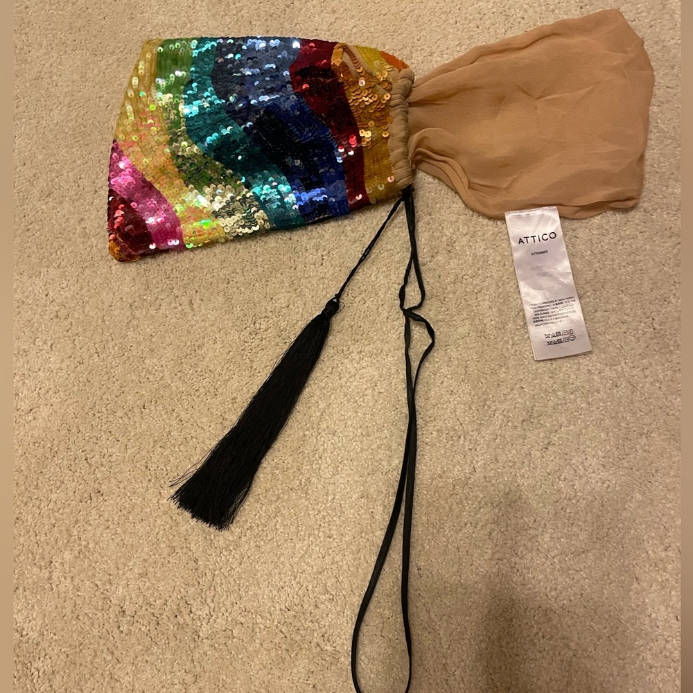 Attico silk rainbow sequins drawstring pouch bag with tassel - Picture 10 of 15